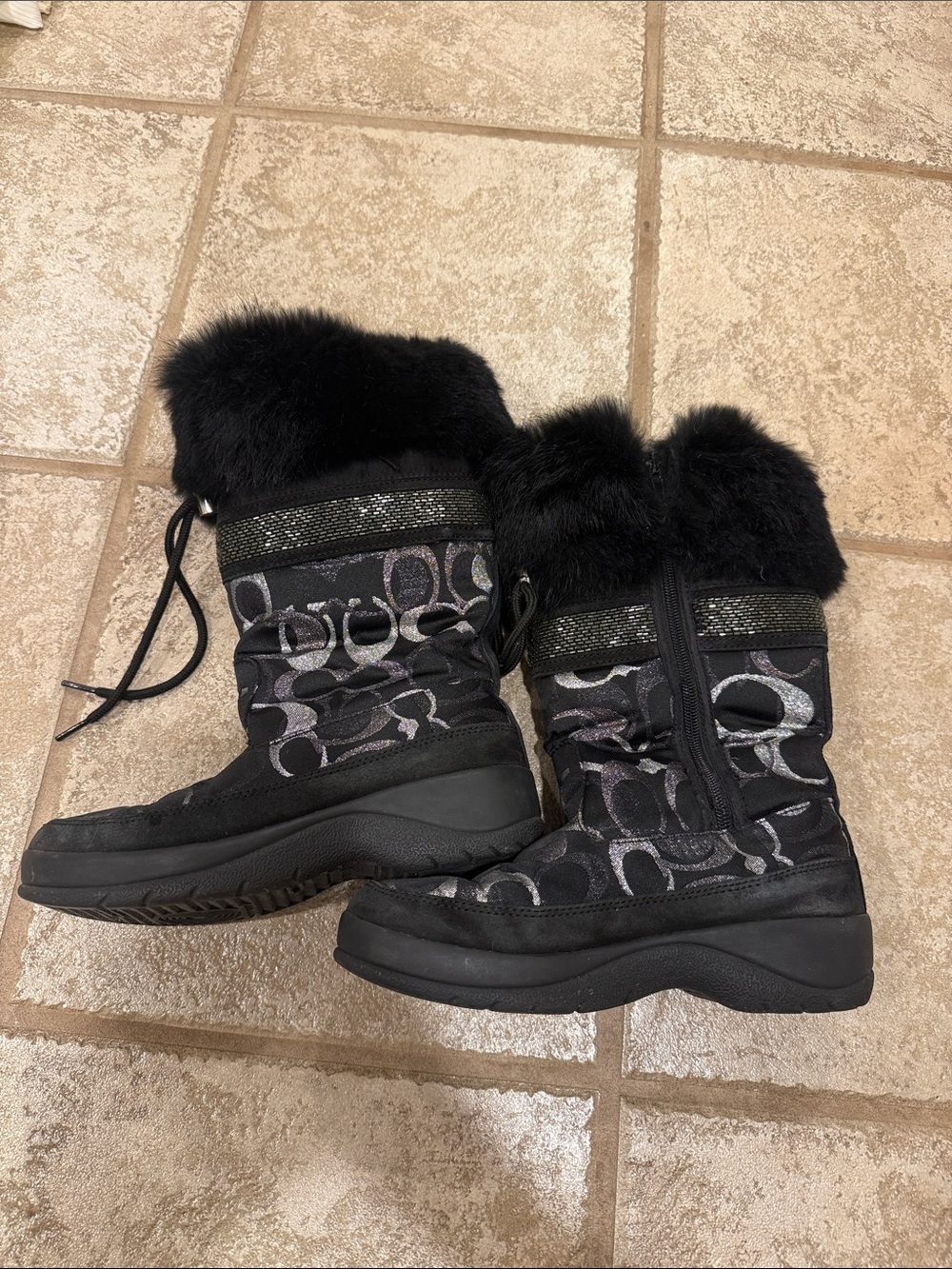 Coach Black Faux-Fur Mid-Calf Winter Boots with Signature Pattern